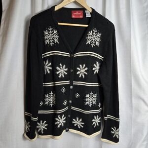 Vintage Snowflake Sweater Cardigan Black Sz L  Angora Cotton Ramie Grandmacore